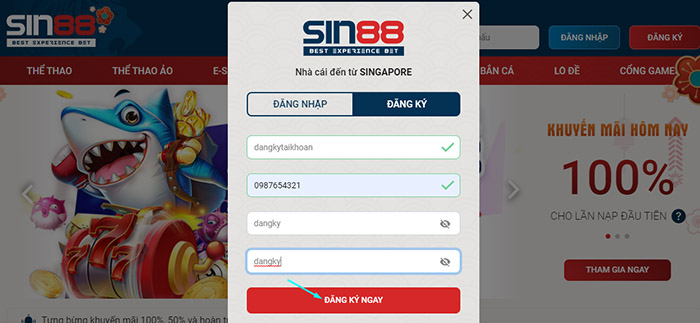 Click vào phần đăng ký Sin88 để tạo tài khoản