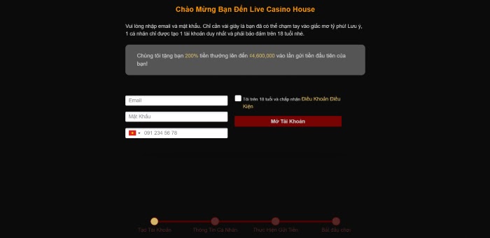 Giao diện khi đăng ký Live casino house
